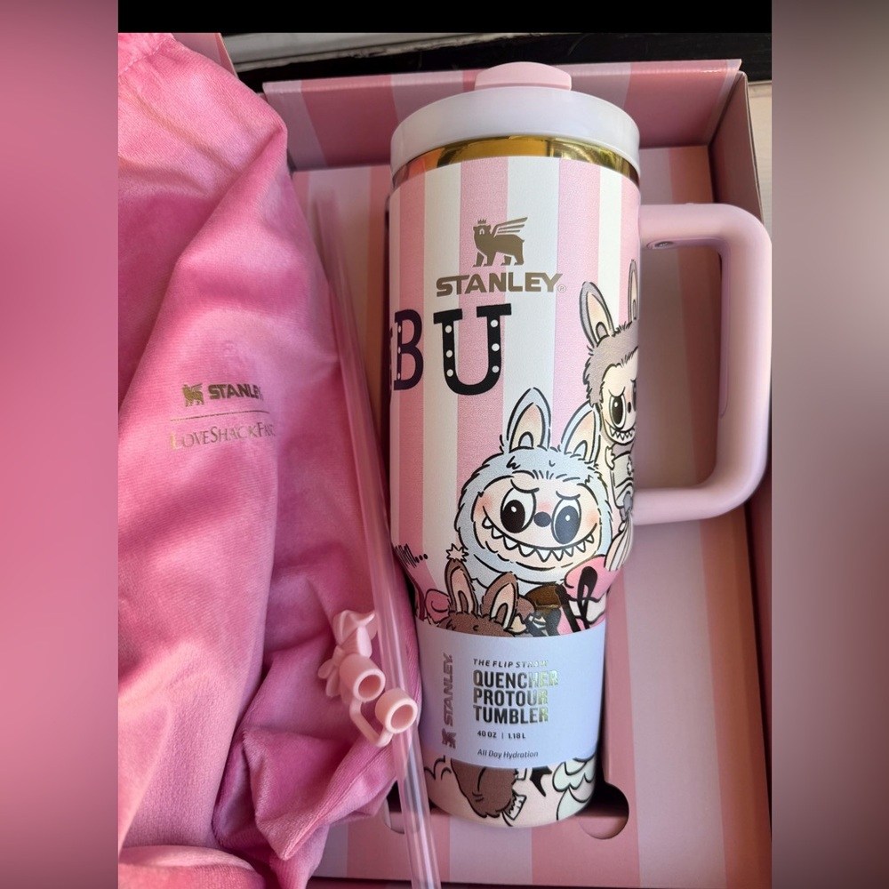 Stanley Pink and White Striped Quencher with Cute Character Art